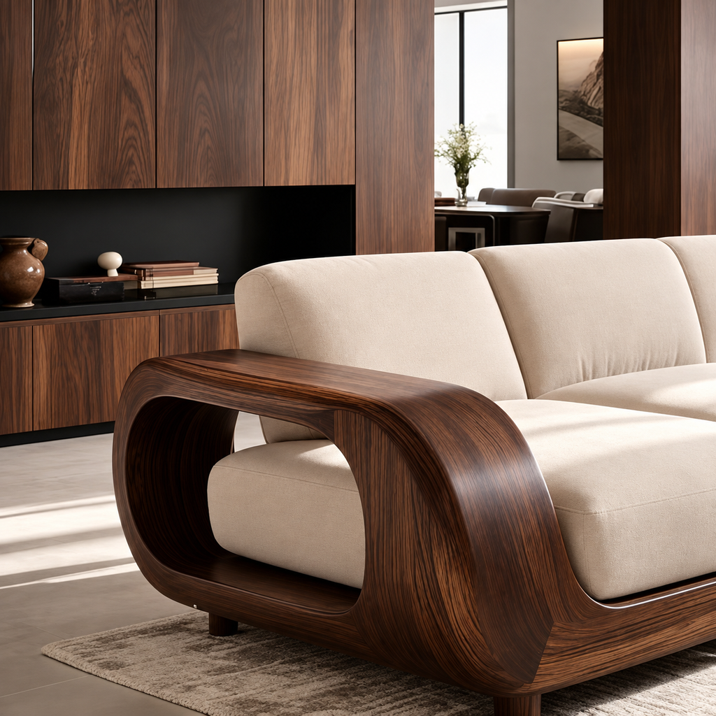 Walnut Frame Ivory Modular Chaise Sofa