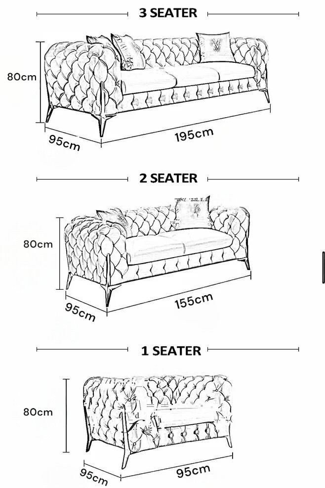 Dimensions of a 3-seater and 2-seater sofa with measurements in centimeters.
