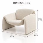Bouclé accent chair in light beige fabric with width, depth and height dimensions, shown on a clean white background.