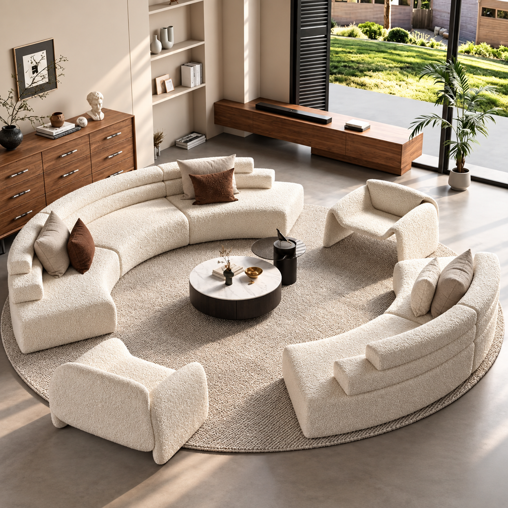 Curved modular sectional sofa in cream bouclé fabric