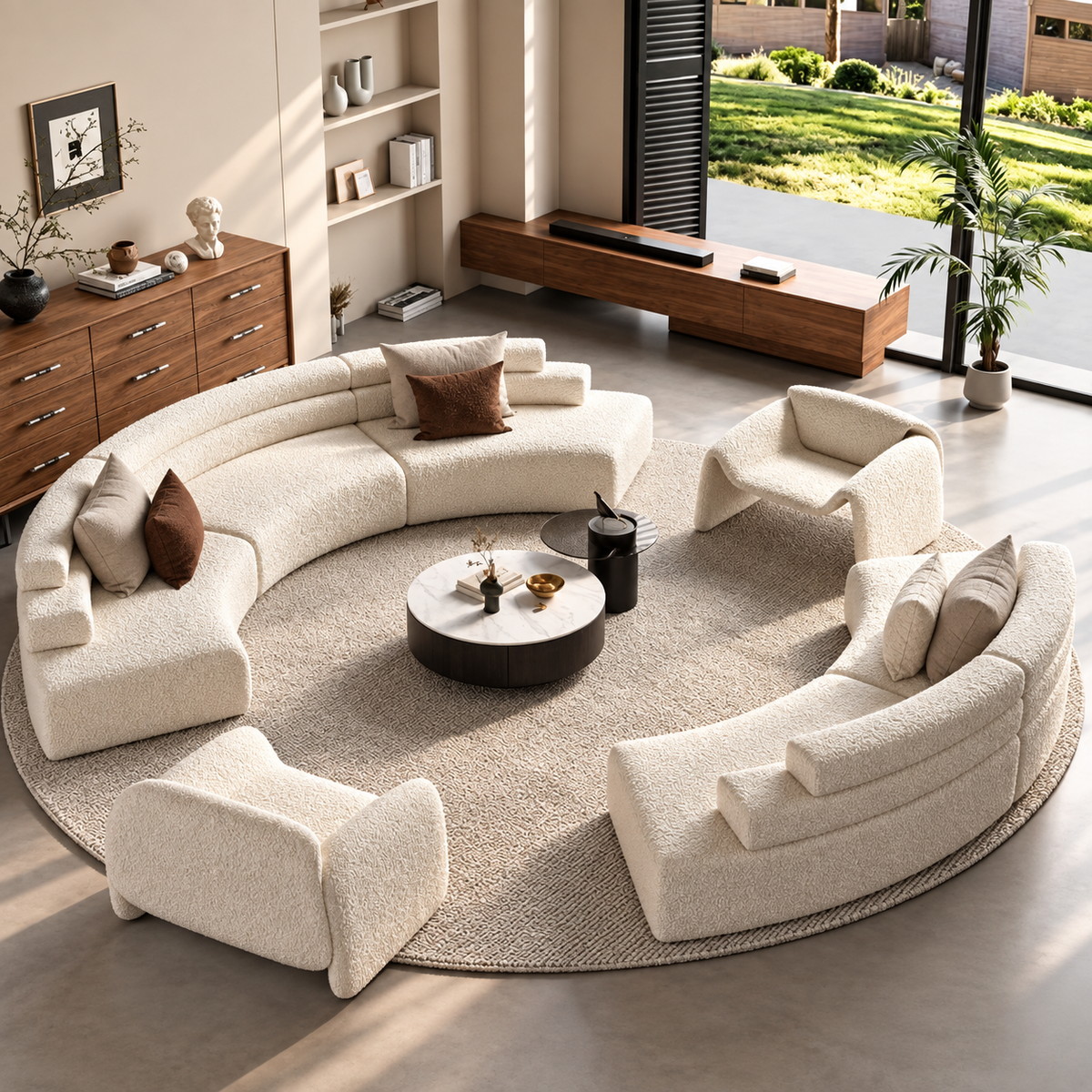 Curved modular sectional sofa in cream bouclé fabric