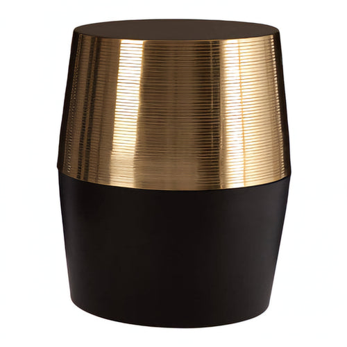 A modern cylindrical side table or lamp base with a black lower body and a ribbed metallic gold upper section, shown on a plain white background.