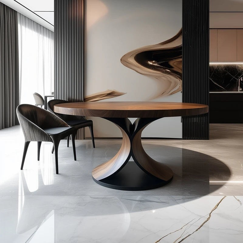 Modern dining room with a stylish wooden table and chairs on a marble floor.