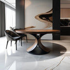 Modern dining room with a stylish wooden table and chairs on a marble floor.