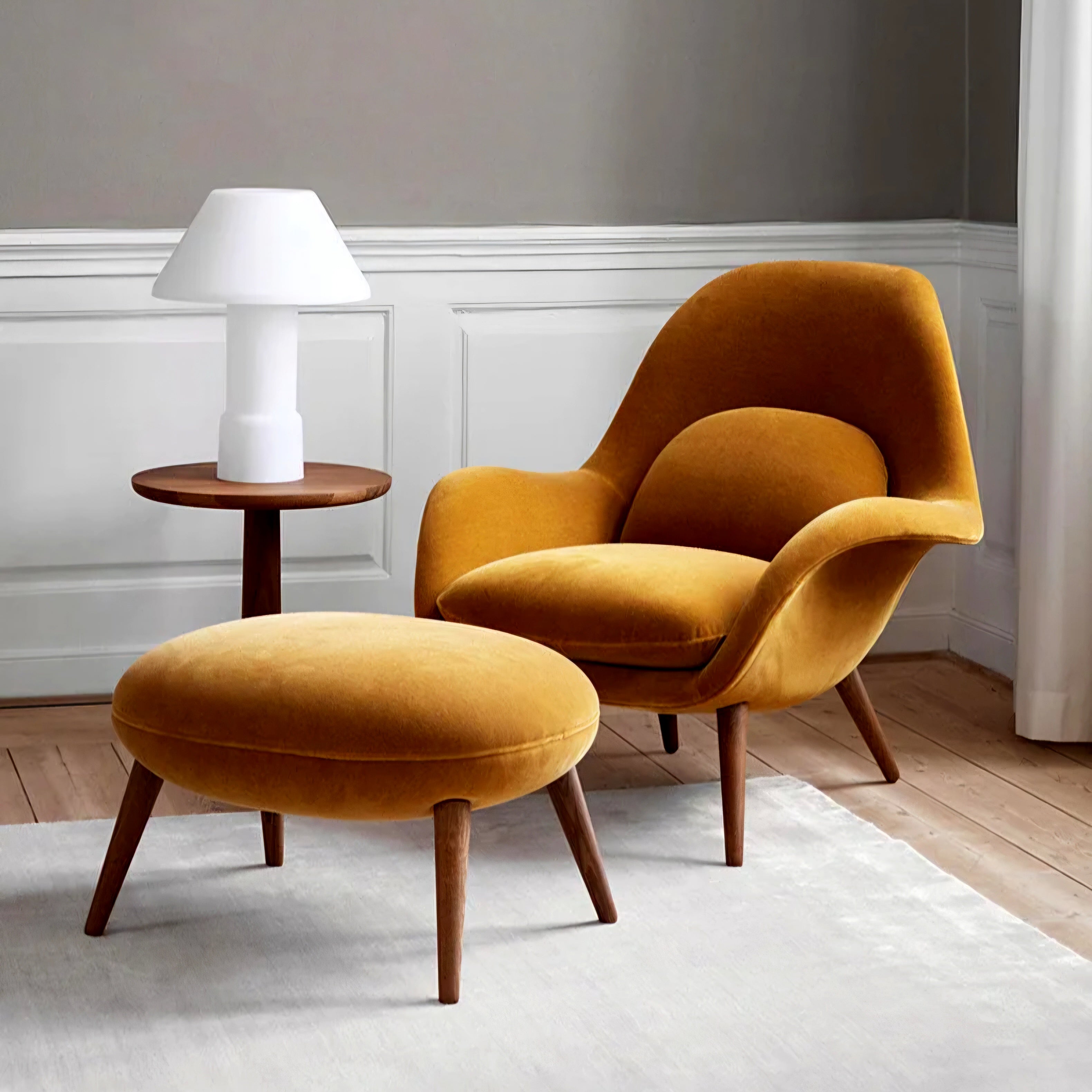 Swoon Lounge Petit Armchair And Stool, Brown, Wood Leg