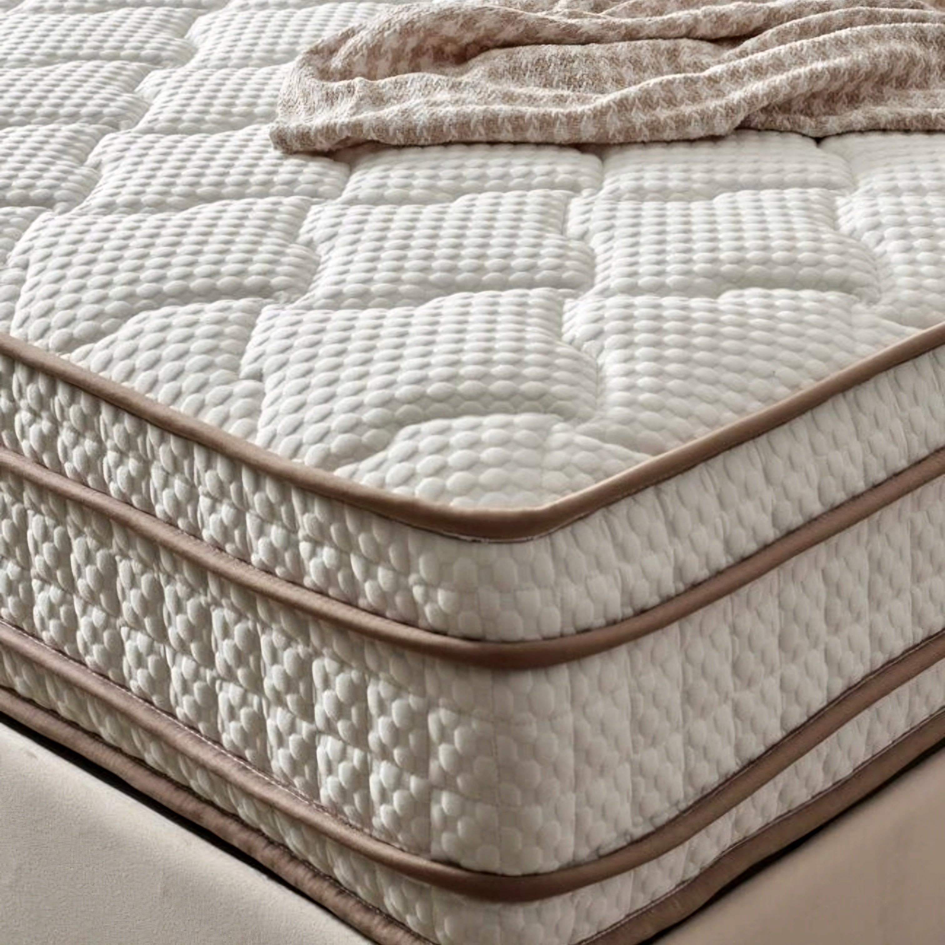 A close-up of a quilted mattress with a textured white top surface and side panels, finished with tan piping, with a beige patterned throw blanket draped across the upper corner.