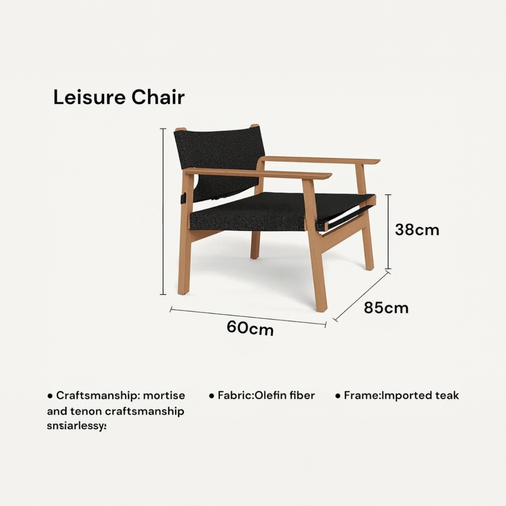 Leisure chair with dimensions and material details on a white background