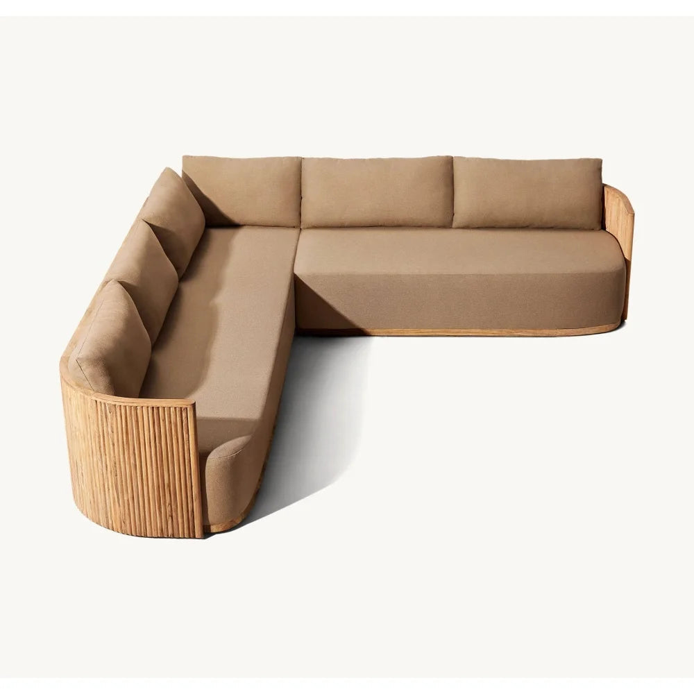 Beige sectional sofa with wooden frame on a white background