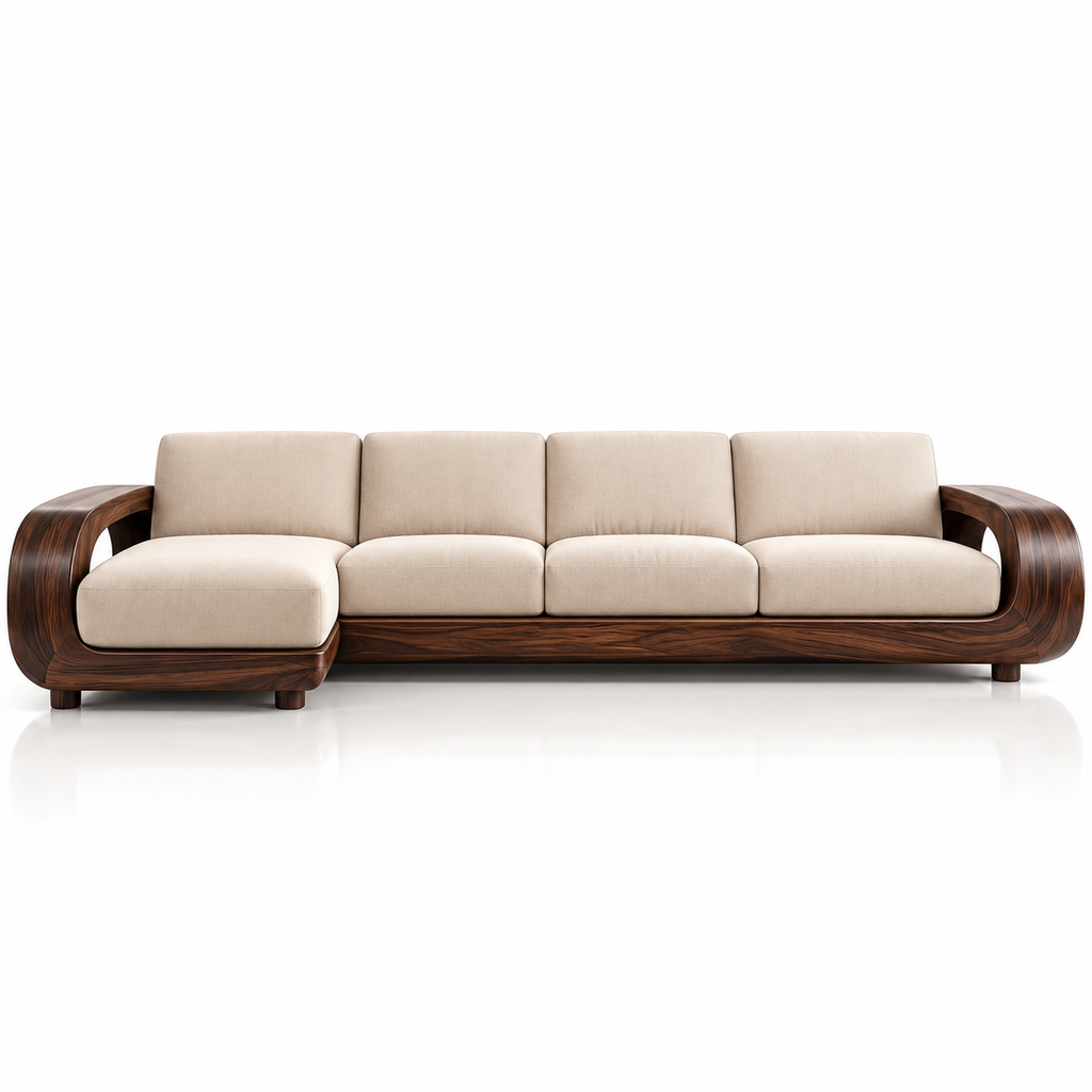 Walnut Frame Ivory Modular Chaise Sofa
