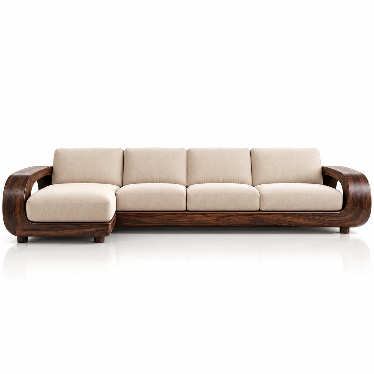 Walnut Frame Ivory Modular Chaise Sofa