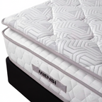 A close-up studio shot of a mattress corner showing a white quilted mattress topper and side panel with the brand name MIENBI, resting on a black mattress base against a white background.