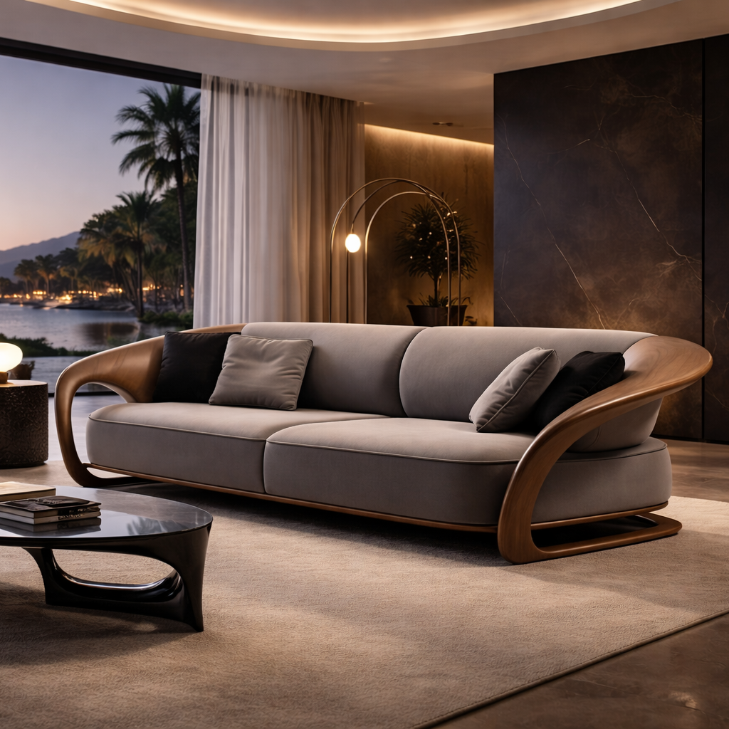 Modern living room with a gray sofa, coffee table, and large windows overlooking a scenic view.
