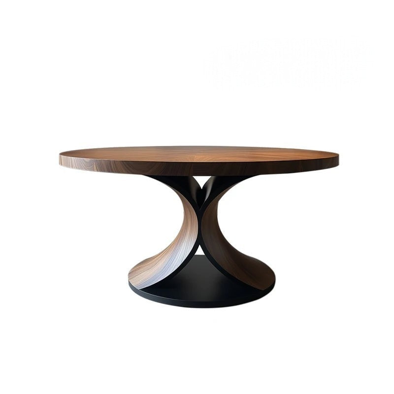Round wooden table with a black base on a white background