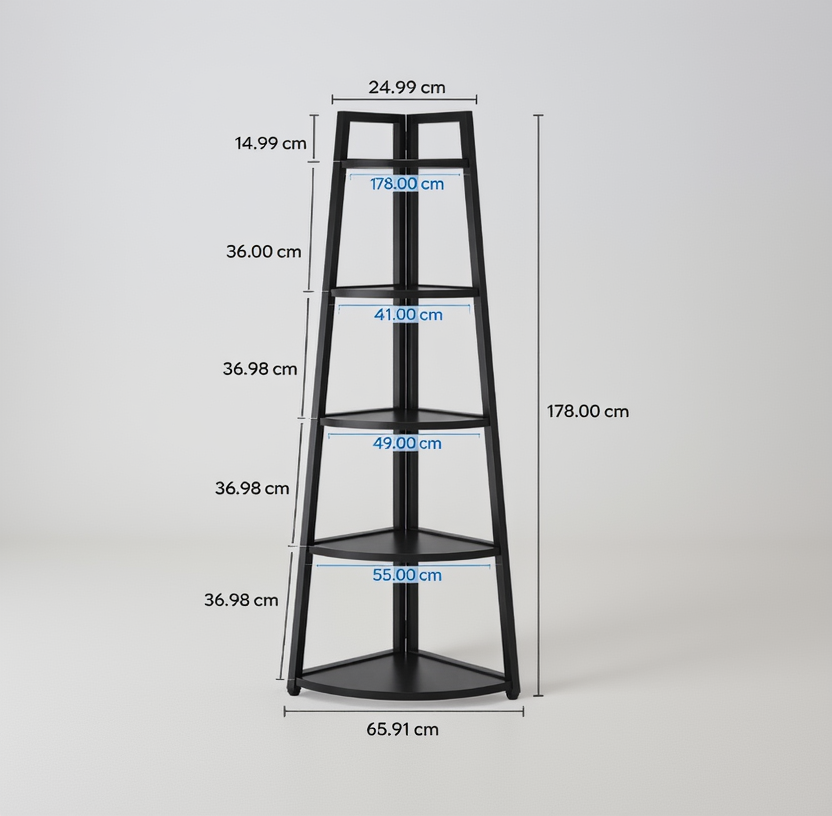 Black corner shelf with measurements on a white background
