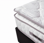 Close-up of a white quilted mattress with geometric stitching, a light gray piping border, and a black base. The brand name MIENBI is visible on a gray label on the side.