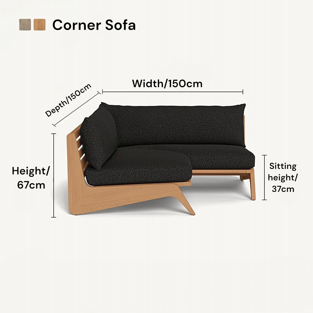 Corner sofa with dimensions labeled on a white background