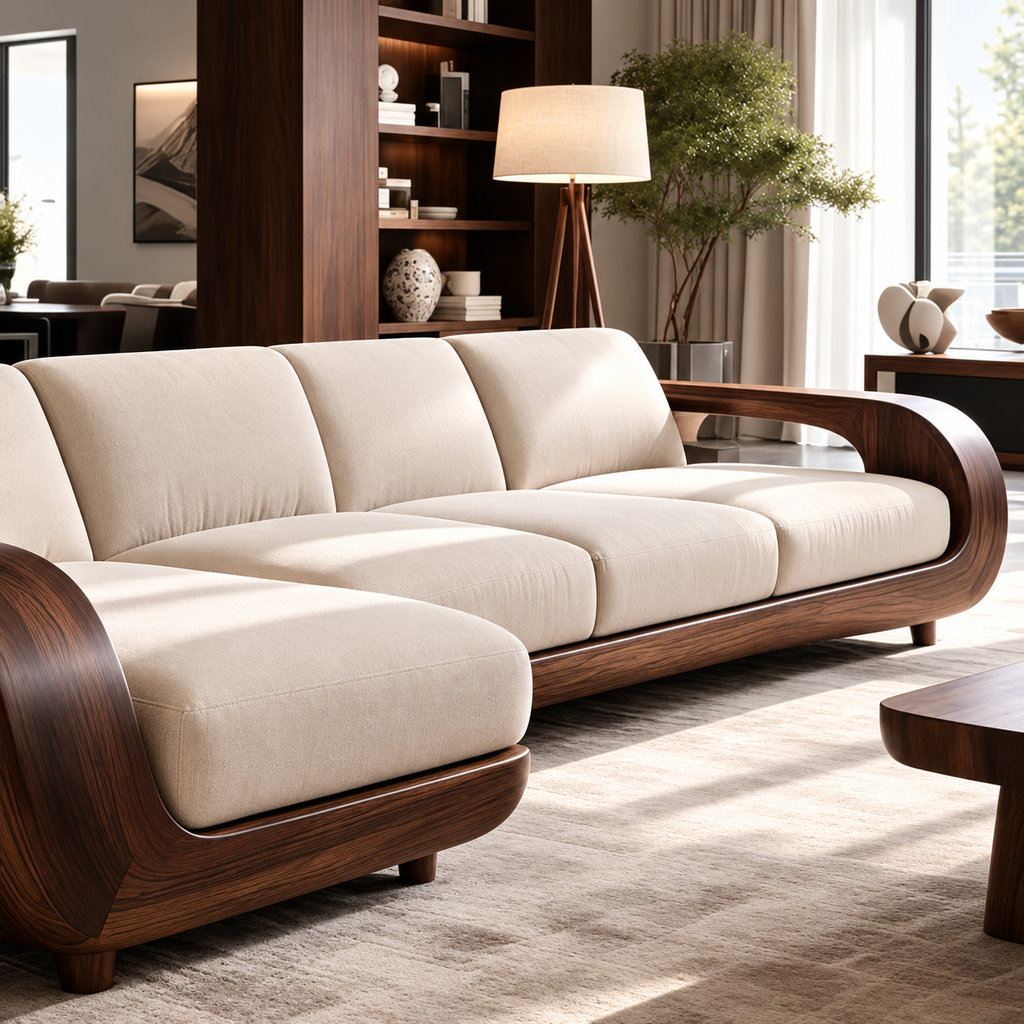 Walnut Frame Ivory Modular Chaise Sofa