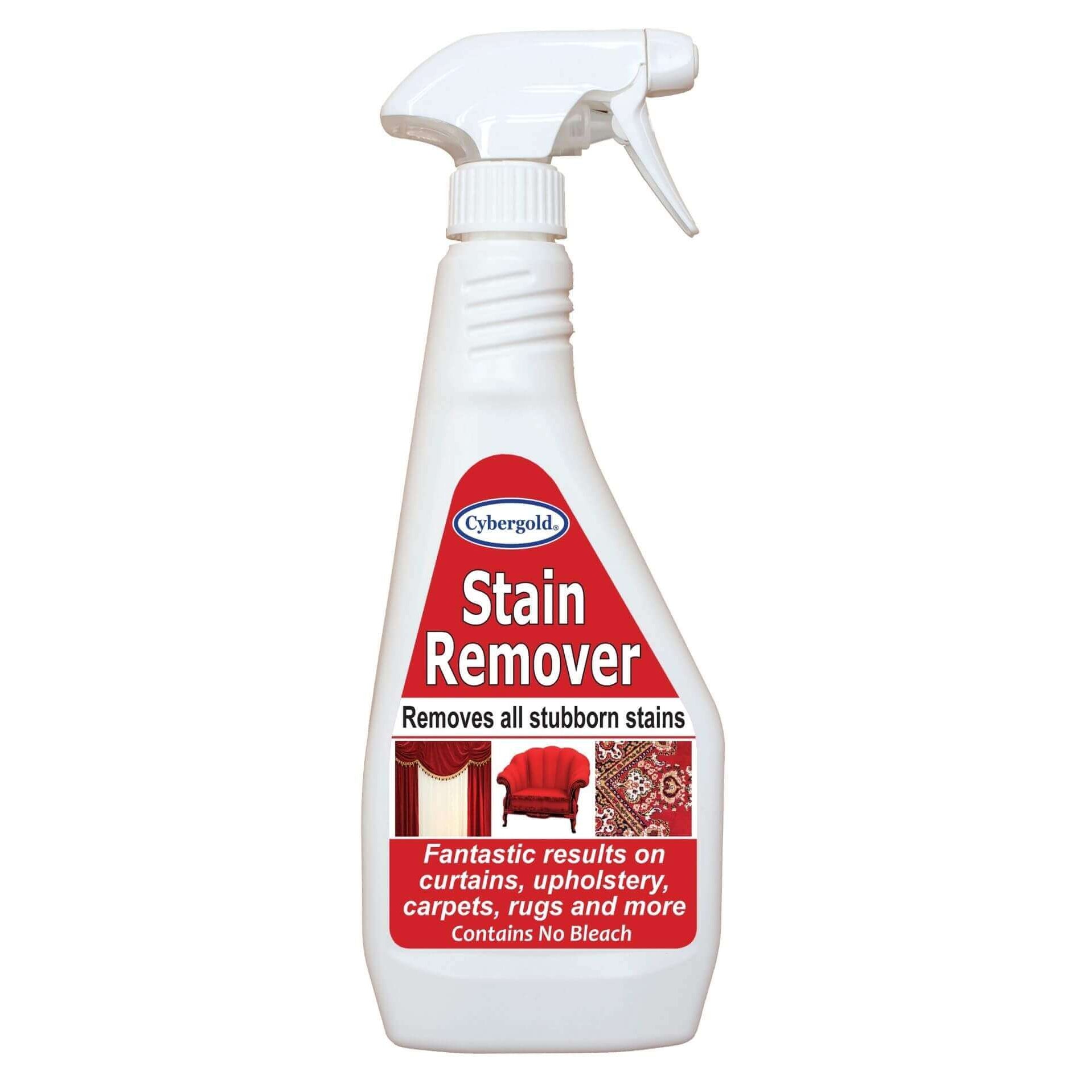 White spray bottle with red label for stain remover on a white background
