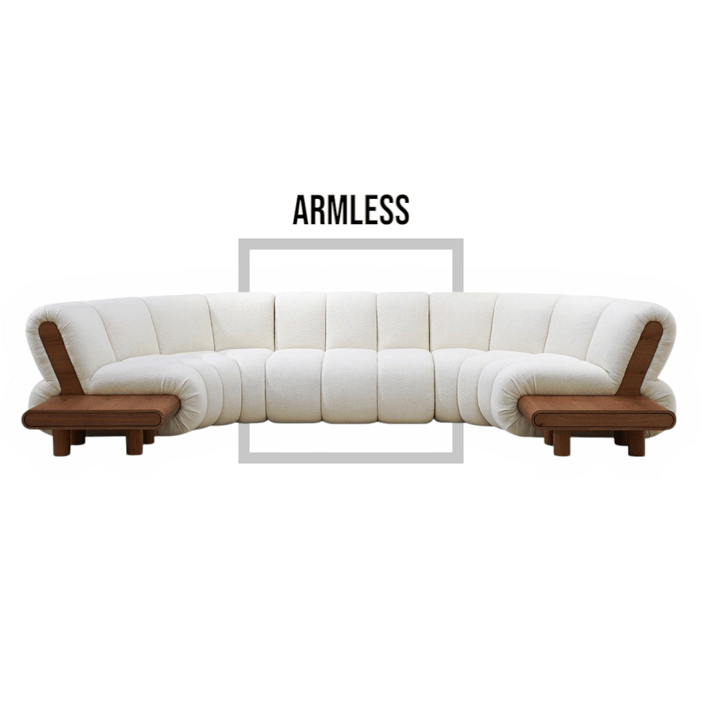 White armless sofa with wooden armrests on a white background