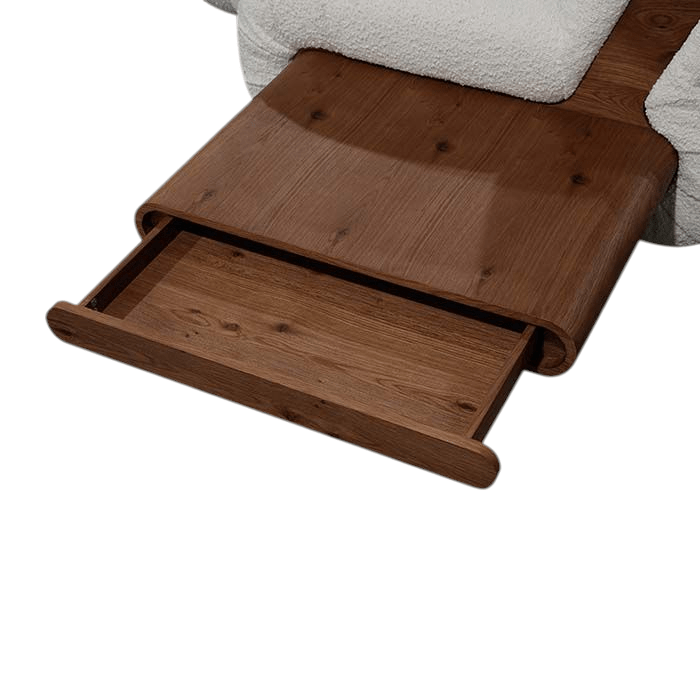 Wooden footrest with a tray on a white background