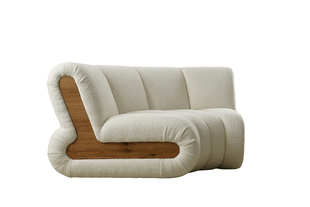 Modern beige sofa with wooden armrests on a white background