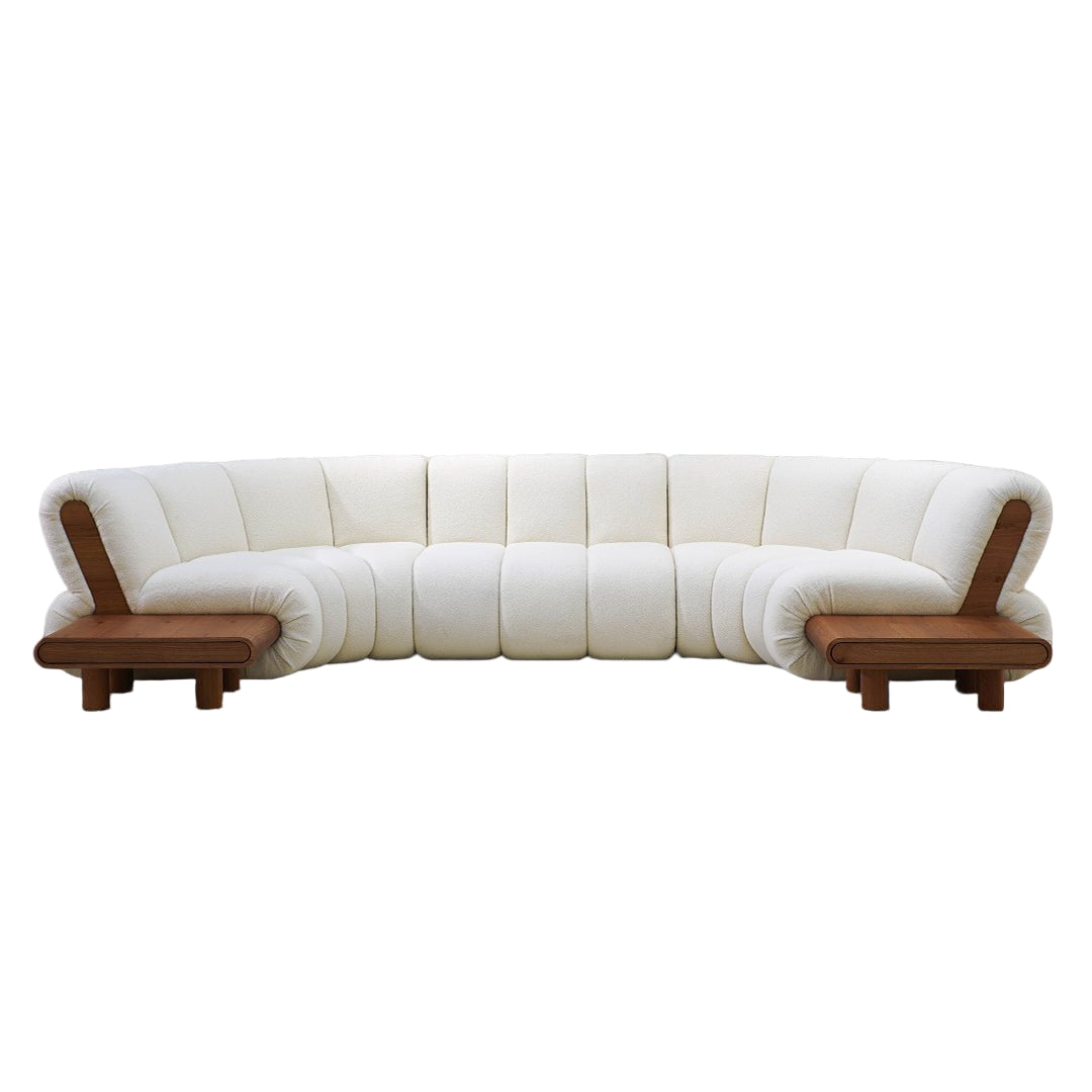 White sofa with wooden armrests on a white background
