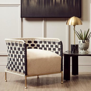 Satna Black and White Jute Chair with Curved Back - MOOAZAA