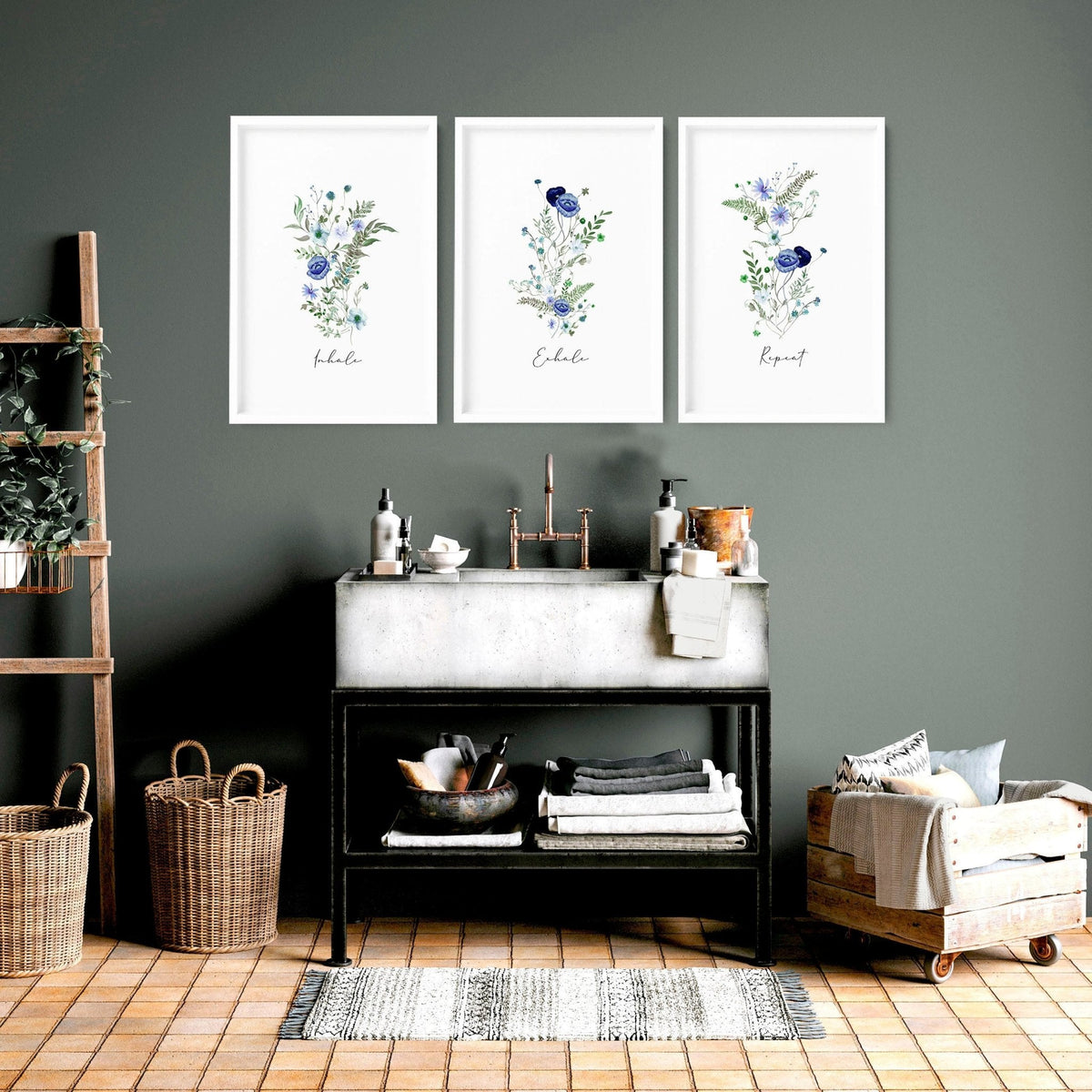 Bathroom art decor | set of 3 Shabby Chic Floral wall art