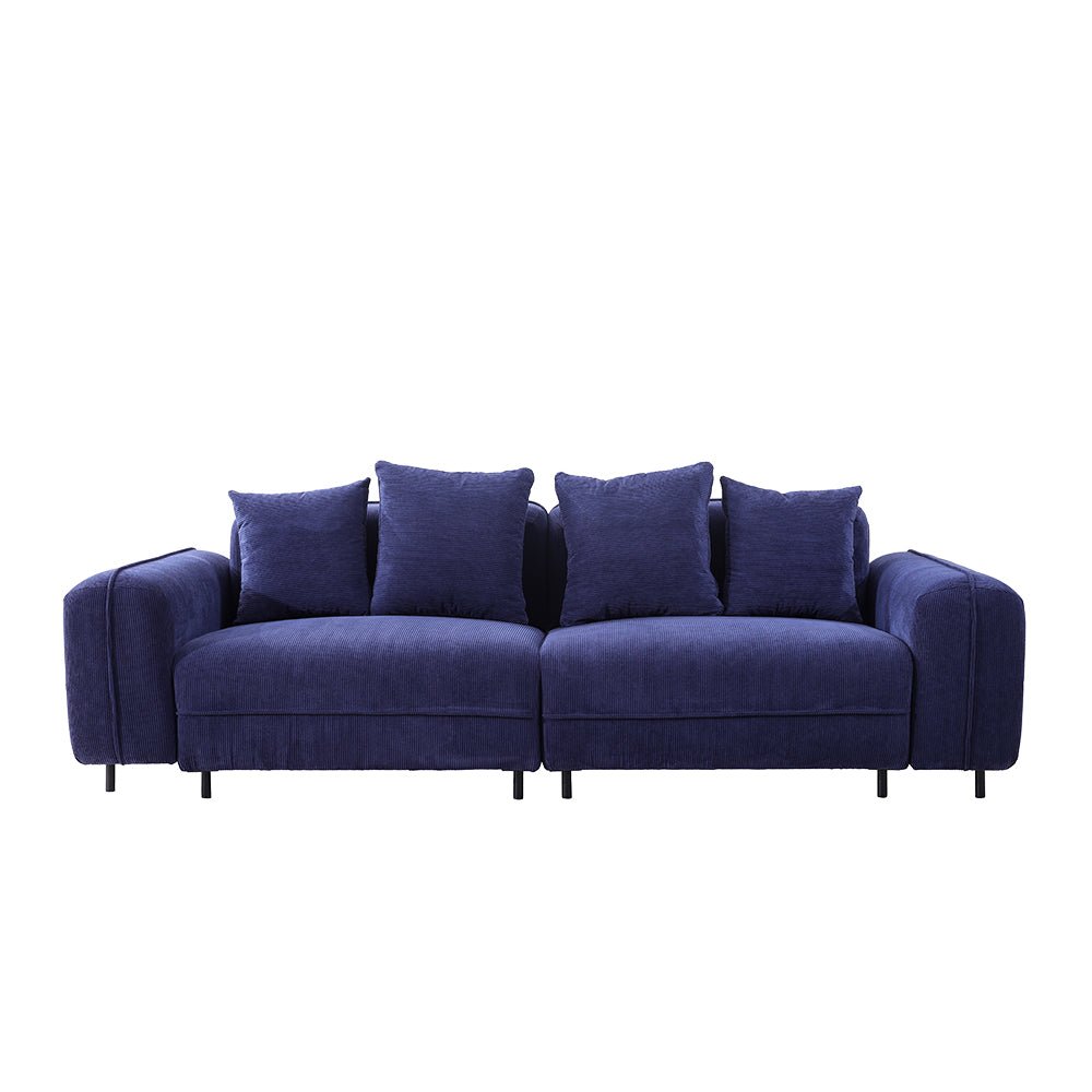 Blue sofa with four cushions on a white background