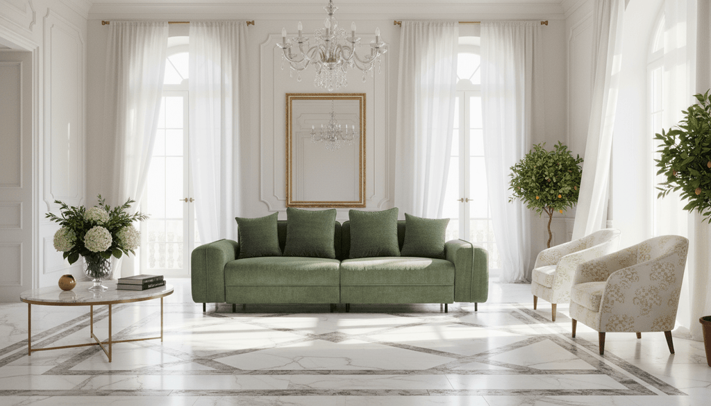 Modern living room with green sofa, white chairs, and decorative elements.