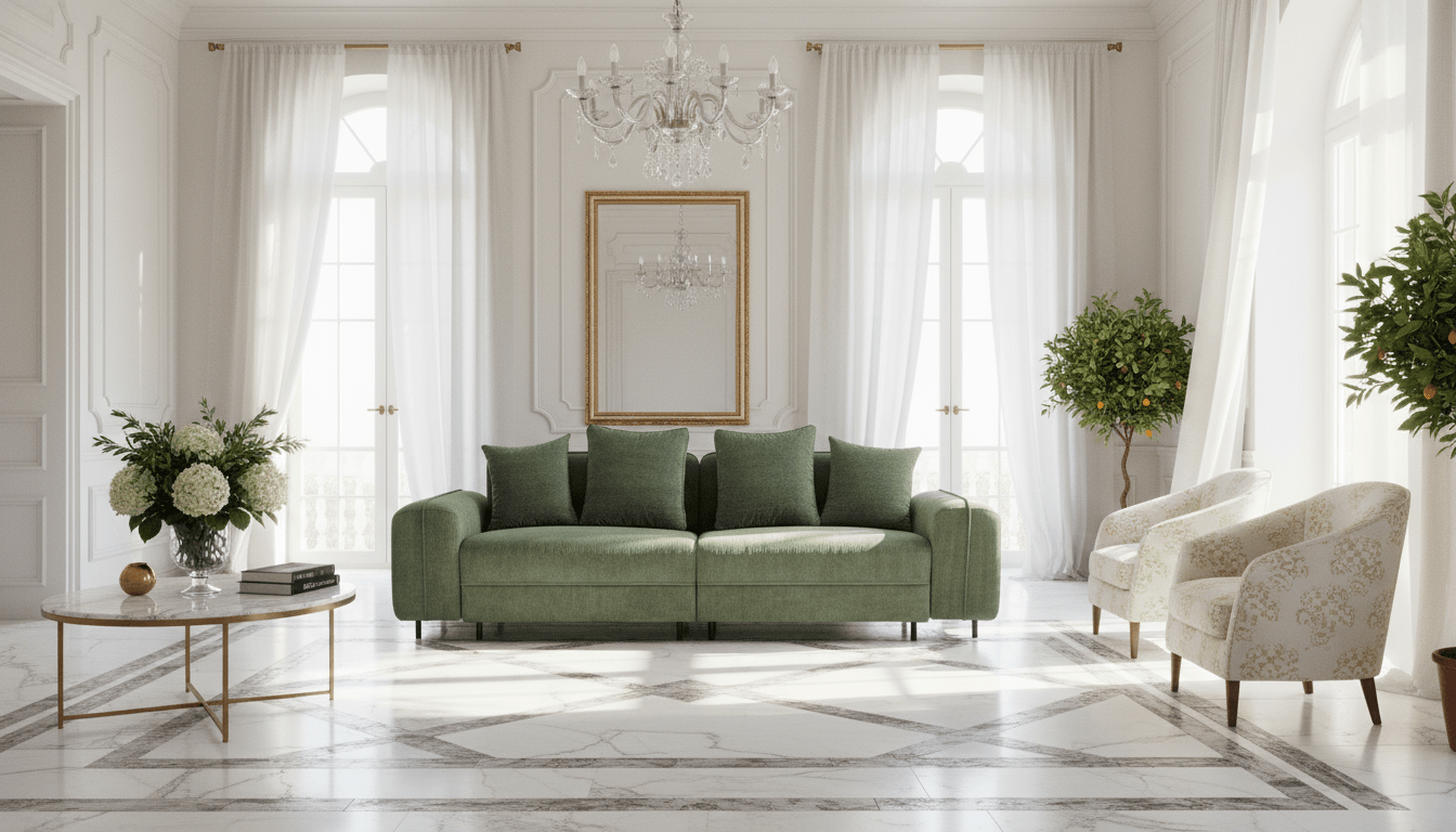 Modern living room with green sofa, white chairs, and decorative elements.