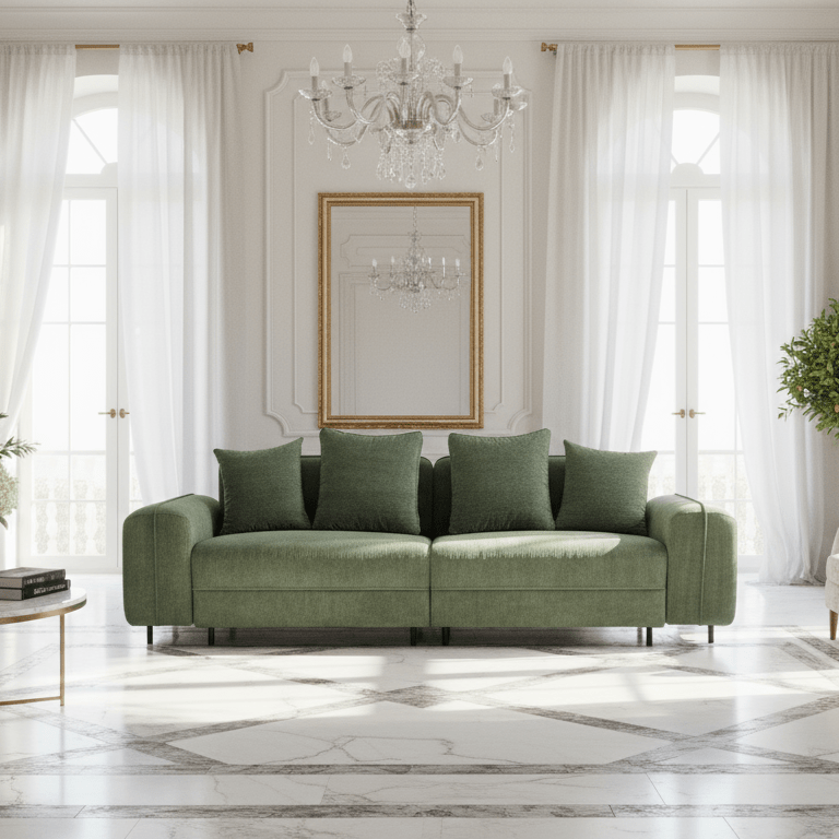 Green sofa in a stylish living room with white curtains and a chandelier.