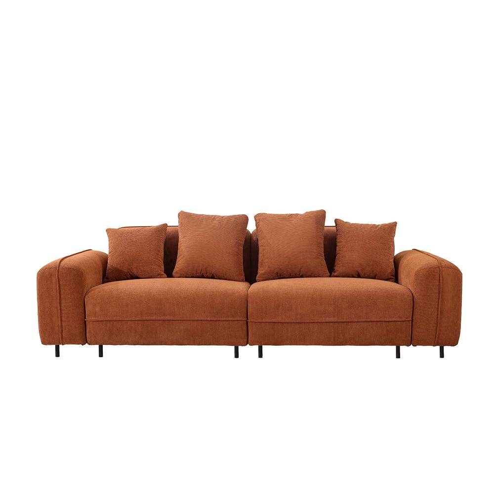 Brown sofa with four cushions on a white background