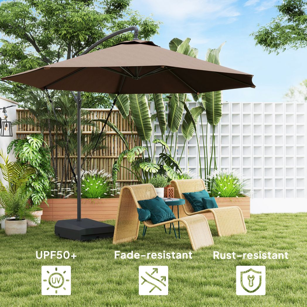 Brown patio umbrella in a garden setting with text highlighting features like UPF50+, fade-resistance, and rust-resistance.