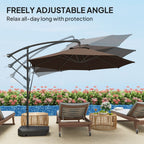 Brown patio umbrella with freely adjustable angle on a patio setting with chairs and flowers.