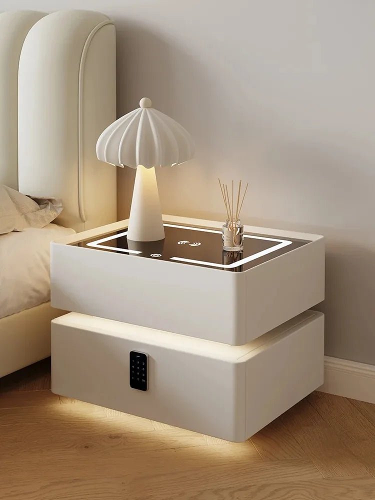 Smart Bedside Table, Modern Nightstand with LED Light & Charging Station - MOOAZAA 
