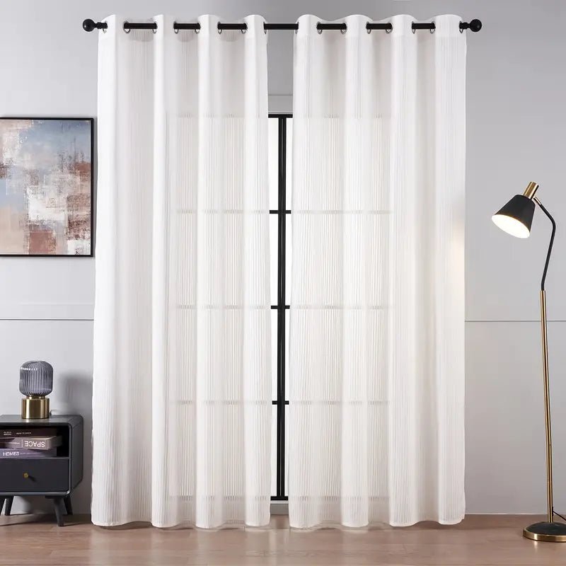 Striped Tulle White Curtains – Light Filtering Sheer Drapes - MOOAZAA