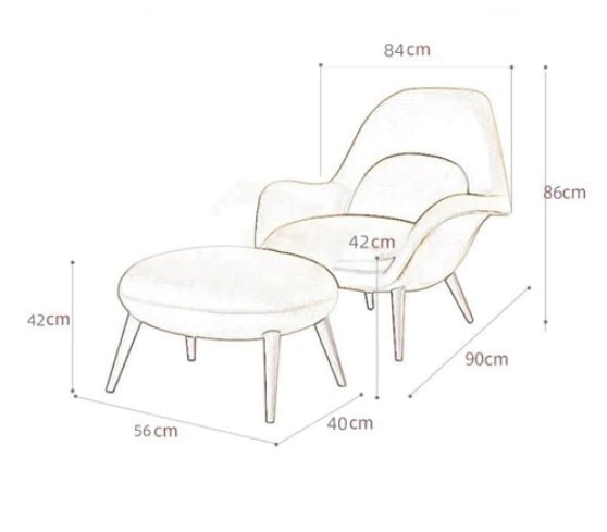 Dimensions of a chair and ottoman set on a white background