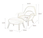 Dimensions of a chair and ottoman set on a white background