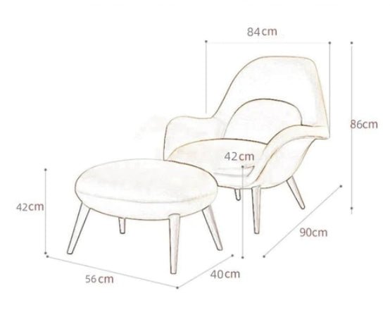 Dimensions of a chair and ottoman with measurements in centimeters on a white background