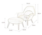 Dimensions of a chair and ottoman with measurements in centimeters on a white background