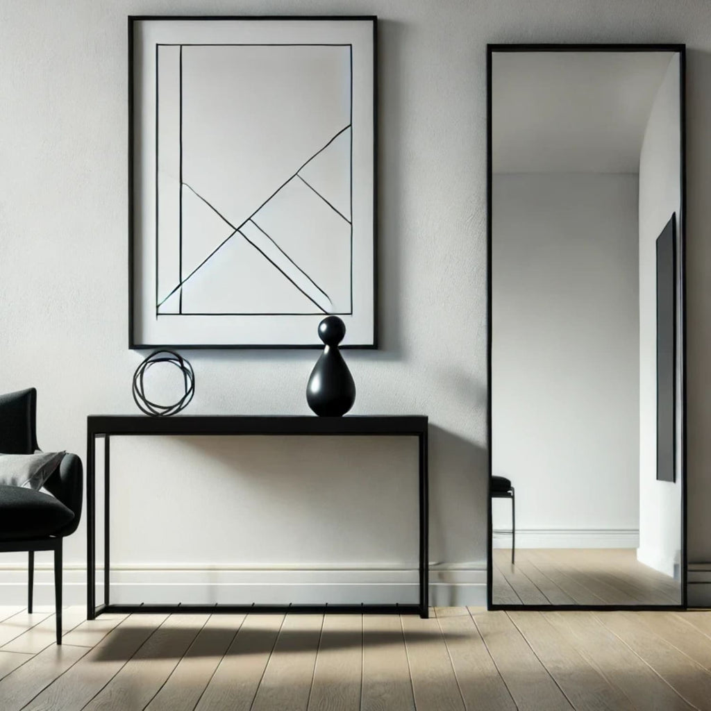 Modern interior with a console table, mirror, and decorative items against a white wall.