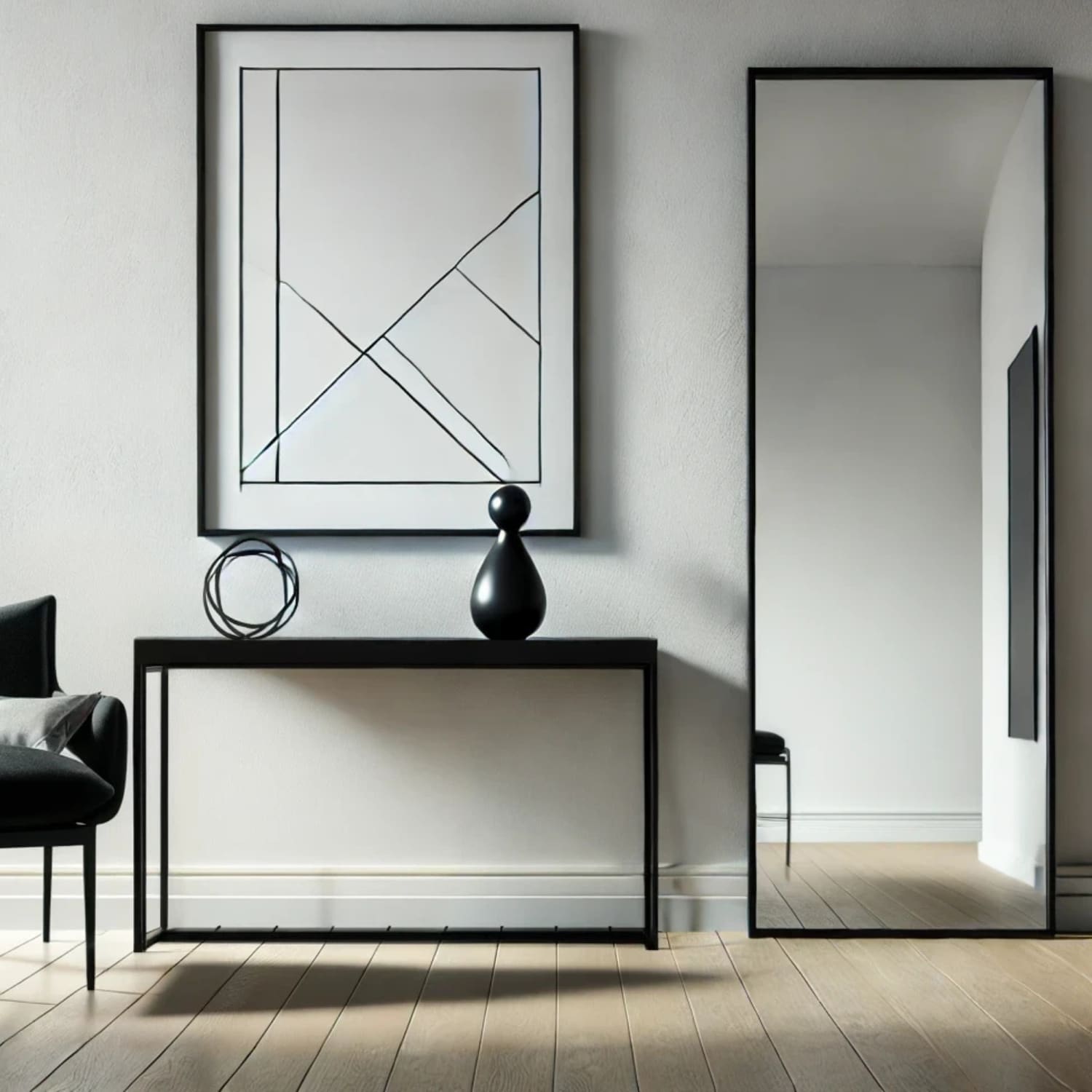 Modern interior with a console table, mirror, and decorative items against a white wall.