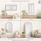 Product display with mirrors in different orientations and mounting methods on a wall.