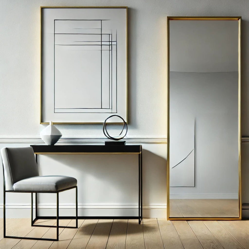 Modern interior with a console table, chair, and decorative items against a light wall.