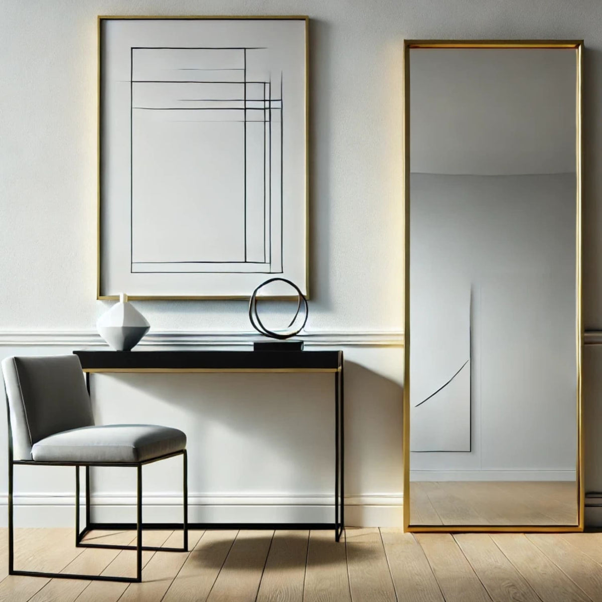 Modern interior with a console table, chair, and decorative items against a light wall.