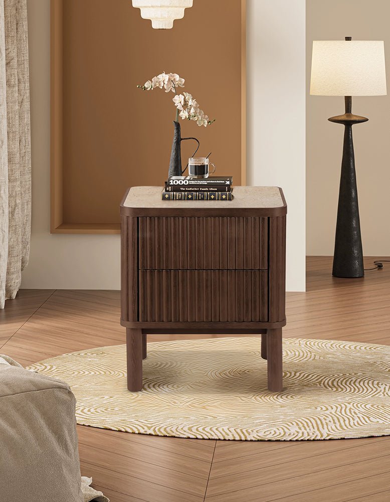 Tannenbaum 2 Drawer Bedside Table, Wood, With Sintered Stone Top - MOOAZAA