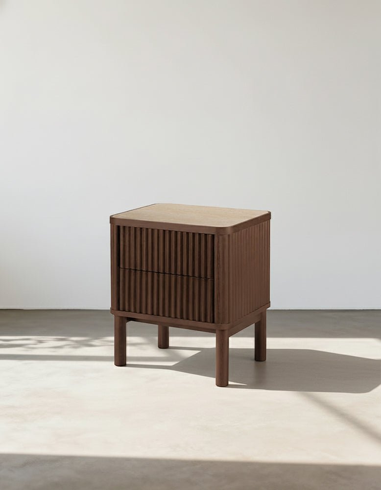 Tannenbaum 2 Drawer Bedside Table, Wood, With Sintered Stone Top - MOOAZAA