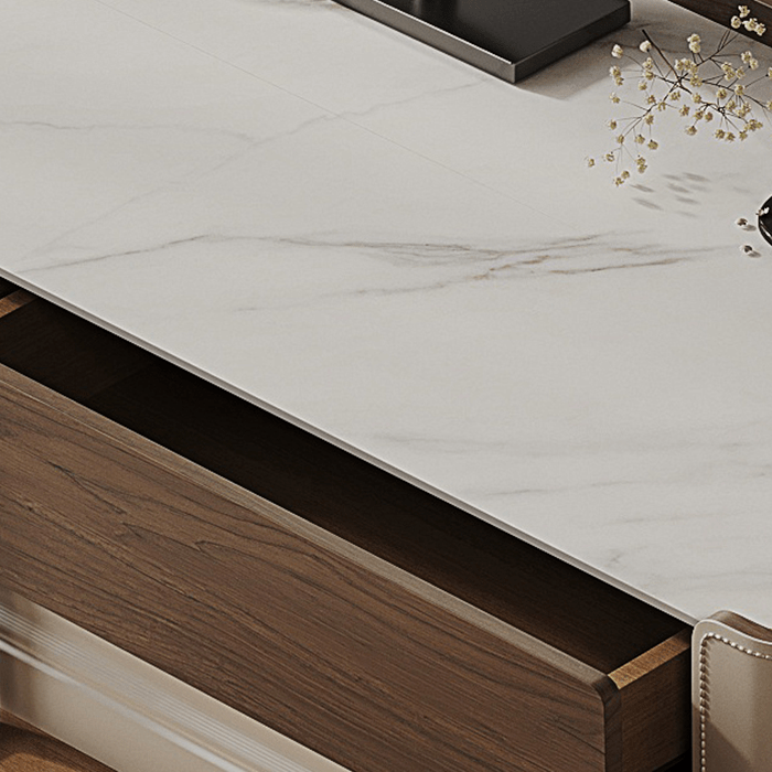 Wooden desk with marble-like surface and decorative elements