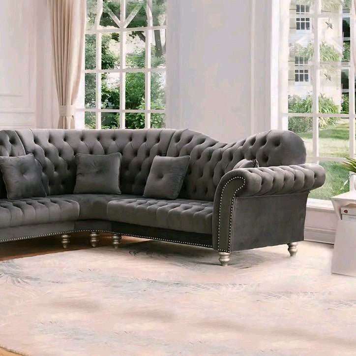 The Elegance Chesterfield Corner Sofas in Luxury Dark Grey Velvet, Immediate Delivery - MOOAZAA 